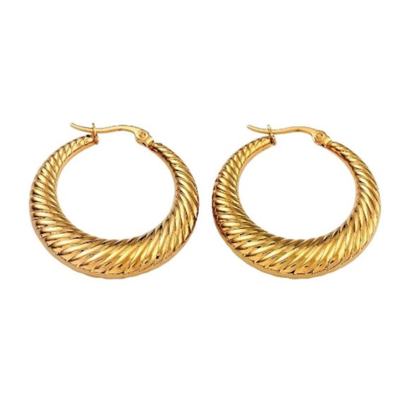 24k Gold Plated Swirl Line Graduated Hoop Pierced Post Earrings Graduated Band - Picture 5 of 10